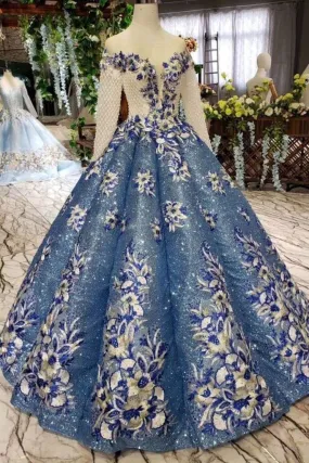 Gorgeous Ball Gown Sheer Neck Long Sleeves Lace up Sequins Appliques Quinceanera Dresses