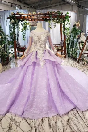 Gorgeous Long Sleeve Ball Gown Appliques Beads Lilac Quinceanera Dresses with Lace up