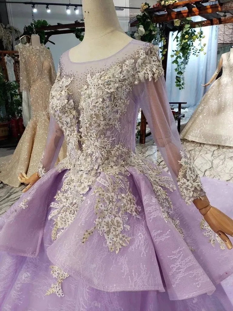 Gorgeous Long Sleeve Ball Gown Appliques Beads Lilac Quinceanera Dresses with Lace up