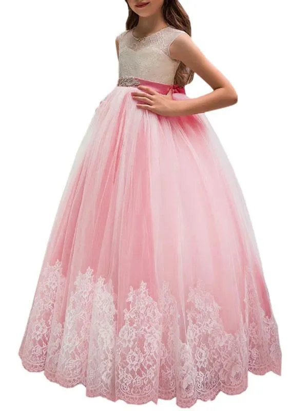 Gorgeous Tulle Lace Appliques Flower Girl Dresses Sleeveless Sash Formal Kids Dress