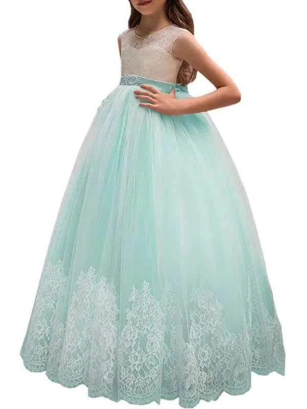 Gorgeous Tulle Lace Appliques Flower Girl Dresses Sleeveless Sash Formal Kids Dress