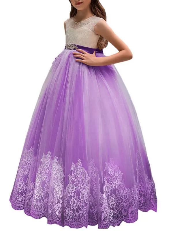 Gorgeous Tulle Lace Appliques Flower Girl Dresses Sleeveless Sash Formal Kids Dress