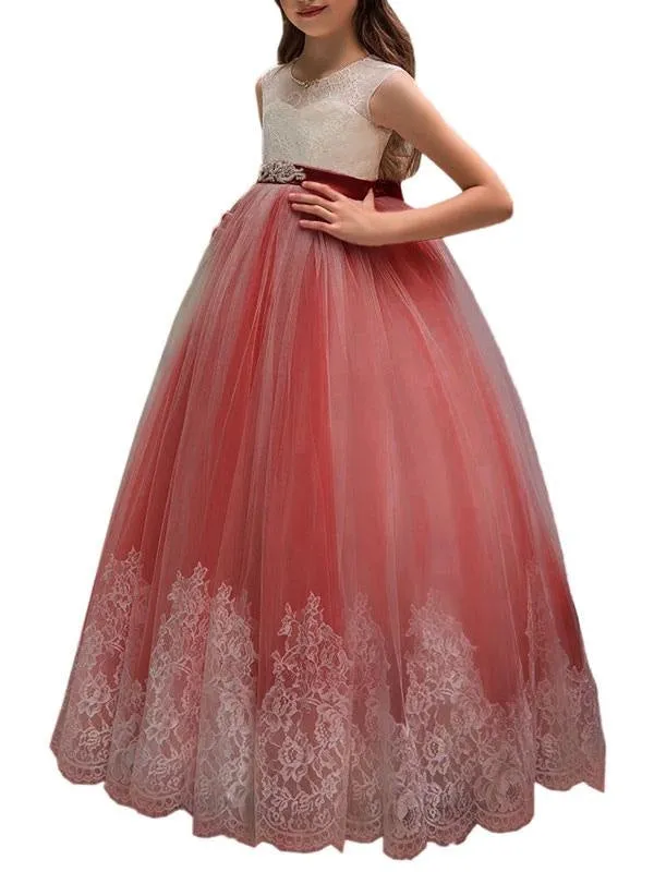 Gorgeous Tulle Lace Appliques Flower Girl Dresses Sleeveless Sash Formal Kids Dress