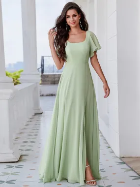 Graceful Short Sleeves Lotus Leaf Backless Bridesmaids Dress Frenulum knotting A-Line Chiffon Dresses