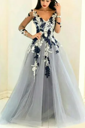 Gray organza V-neck long sleeves see-through handmade flowers A-line Prom Dresses