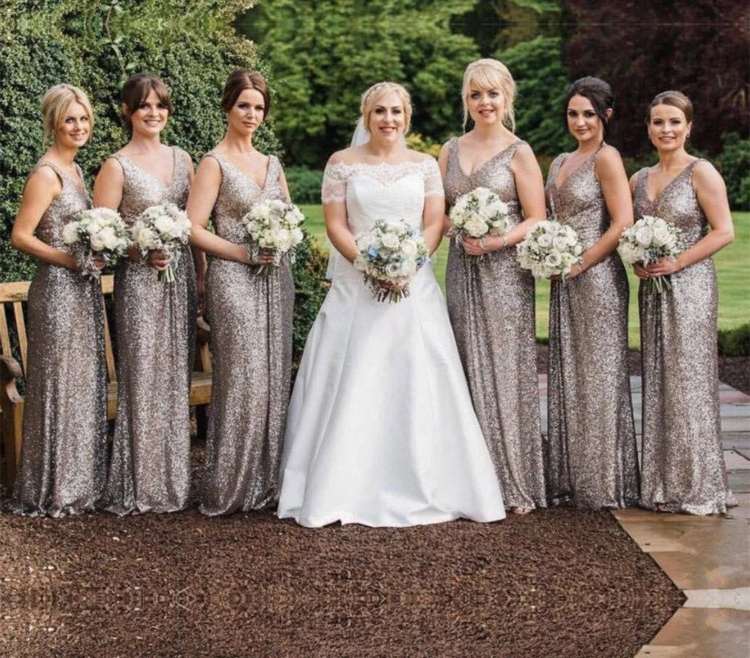 Gray Sequins V-neck Long Mermaid Bridesmaid Dresses