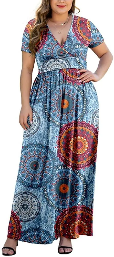 HAOMEILI Women's L-5XL Long Sleeve V-Neck Plus Size Casual Maxi Dresses with Pockets