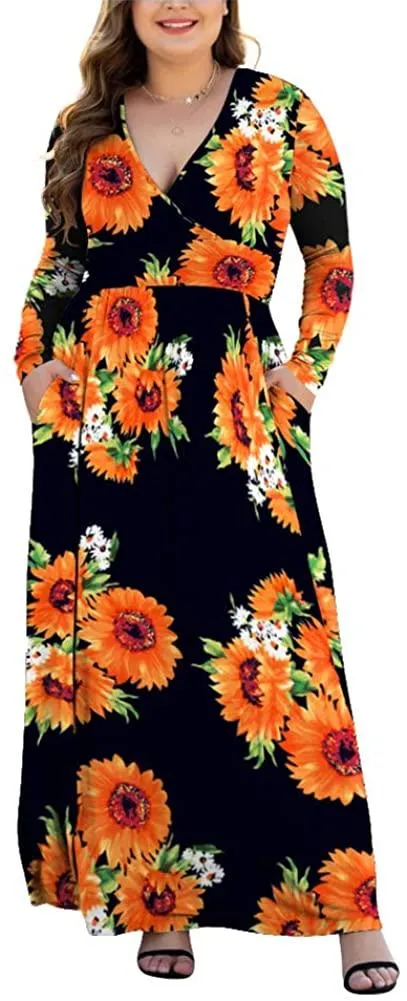 HAOMEILI Women's L-5XL Long Sleeve V-Neck Plus Size Casual Maxi Dresses with Pockets