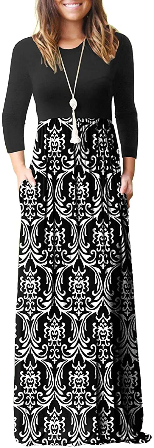 HAOMEILI Women's Long Sleeve Loose Plain Long Maxi Casual Dresses with Pockets