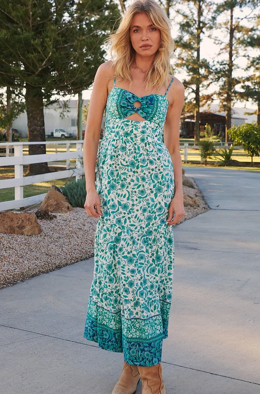 Henley Linen Maxi Dress - Emerald/White