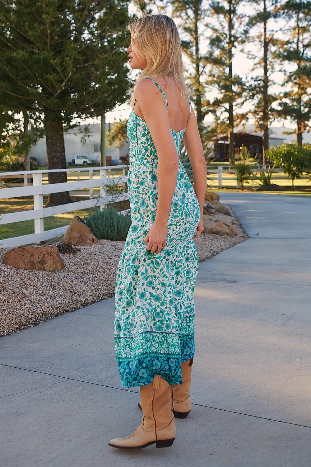 Henley Linen Maxi Dress - Emerald/White