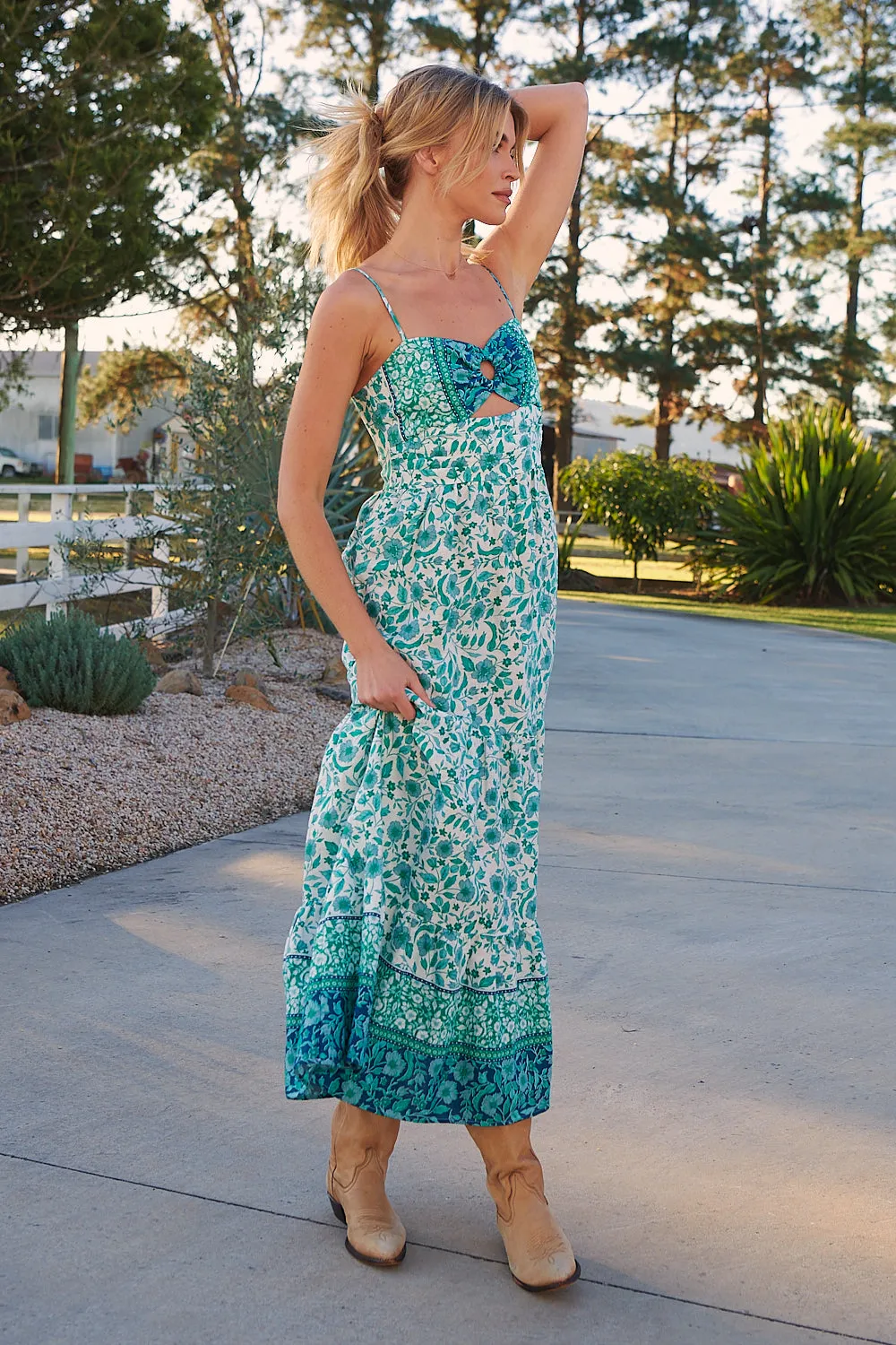 Henley Linen Maxi Dress - Emerald/White