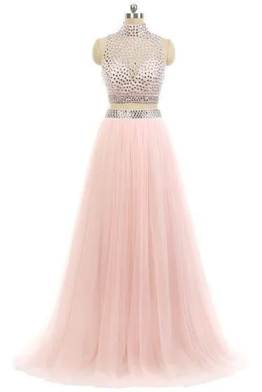 High Neck Pink Tulle Sweep Train Beading Two Pieces Long Prom Dresses