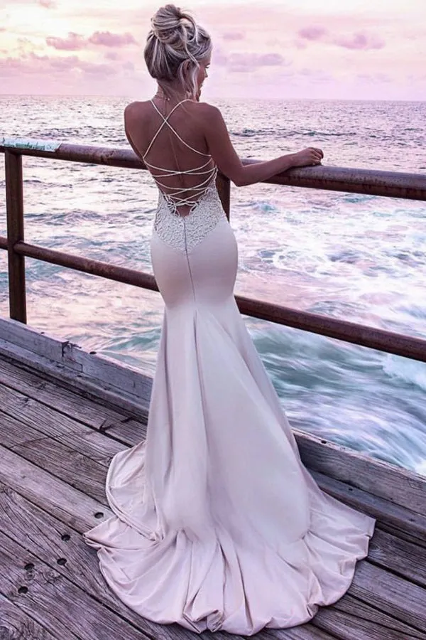 Impressive Mermaid Criss-Cross Spaghetti Straps Prom Dresses Lace Appliques Sweep Train