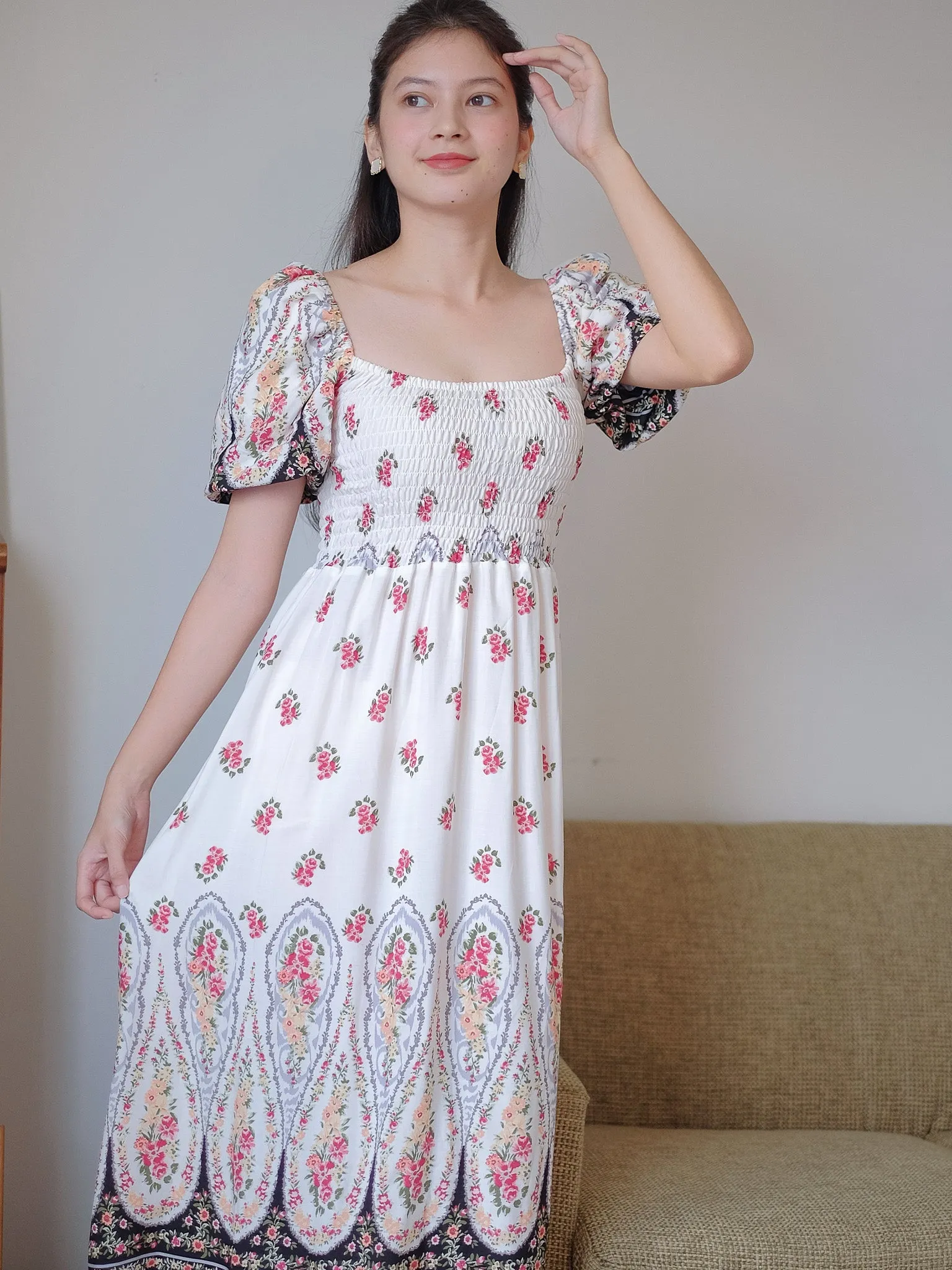 Jasmine midi dress - white boho print