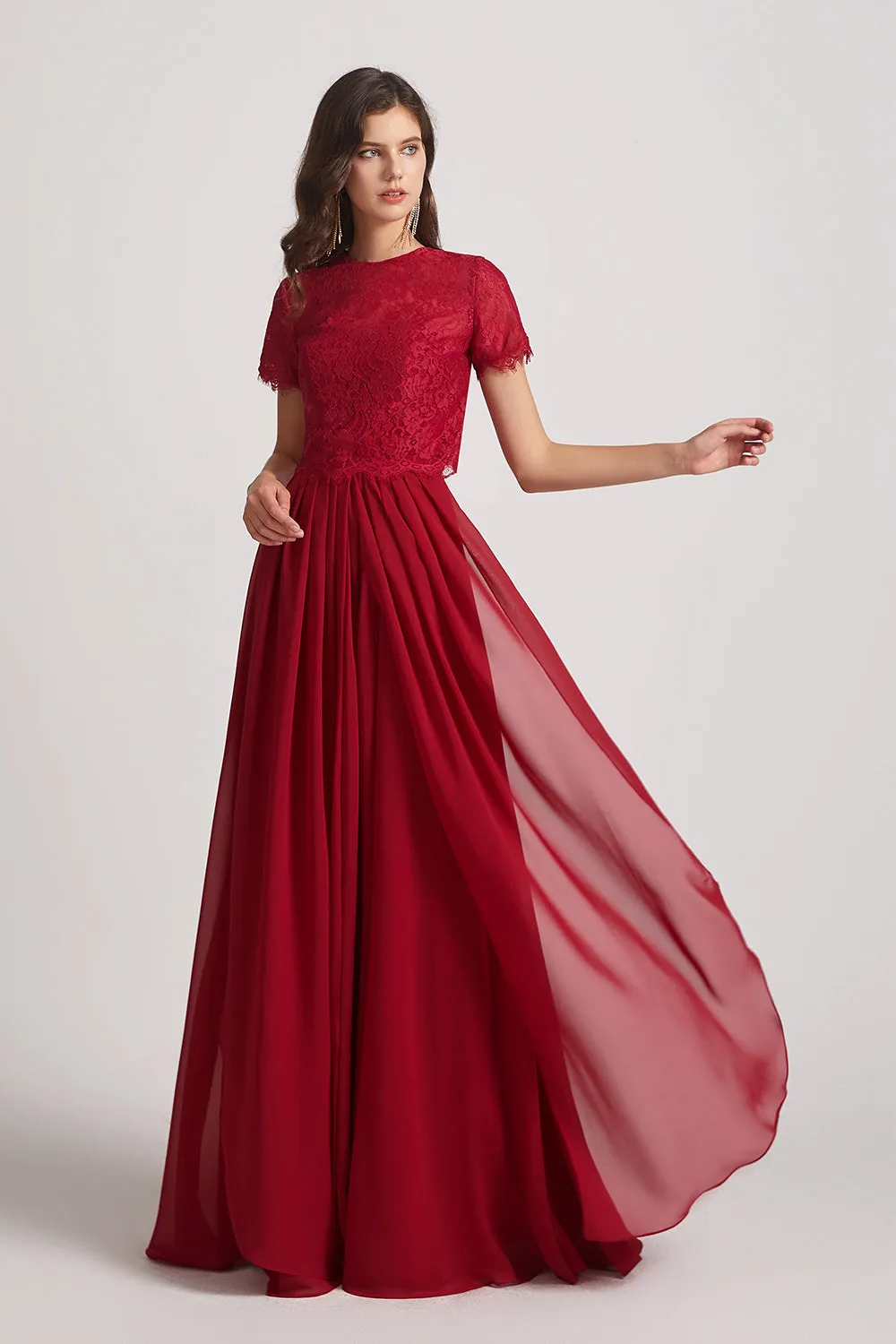 Jewel Lace Top Short Sleeve Long Chiffon Bridesmaid Dresses (AF0135)