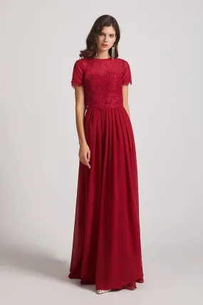 Jewel Lace Top Short Sleeve Long Chiffon Bridesmaid Dresses (AF0135)