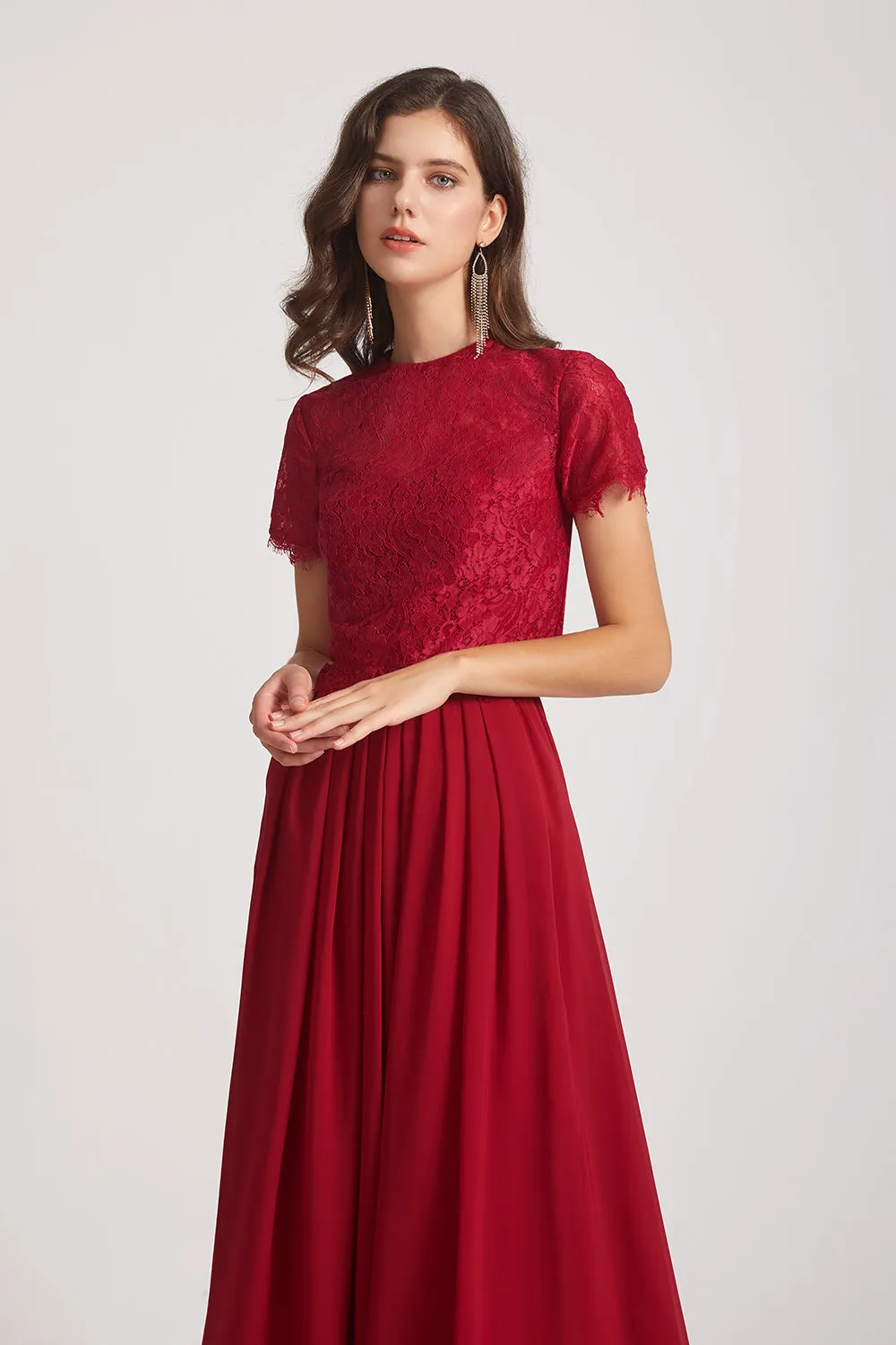 Jewel Lace Top Short Sleeve Long Chiffon Bridesmaid Dresses (AF0135)