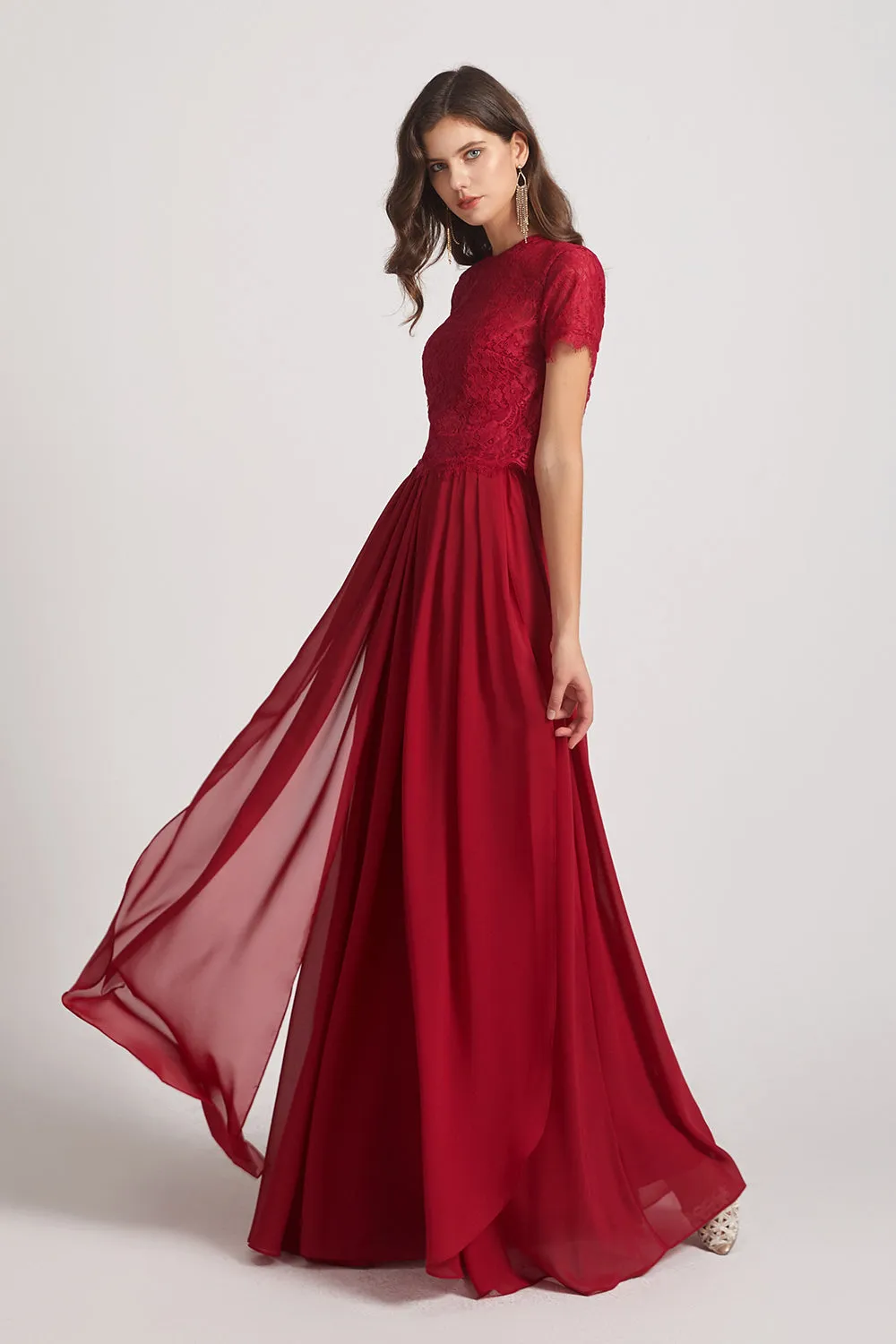 Jewel Lace Top Short Sleeve Long Chiffon Bridesmaid Dresses (AF0135)