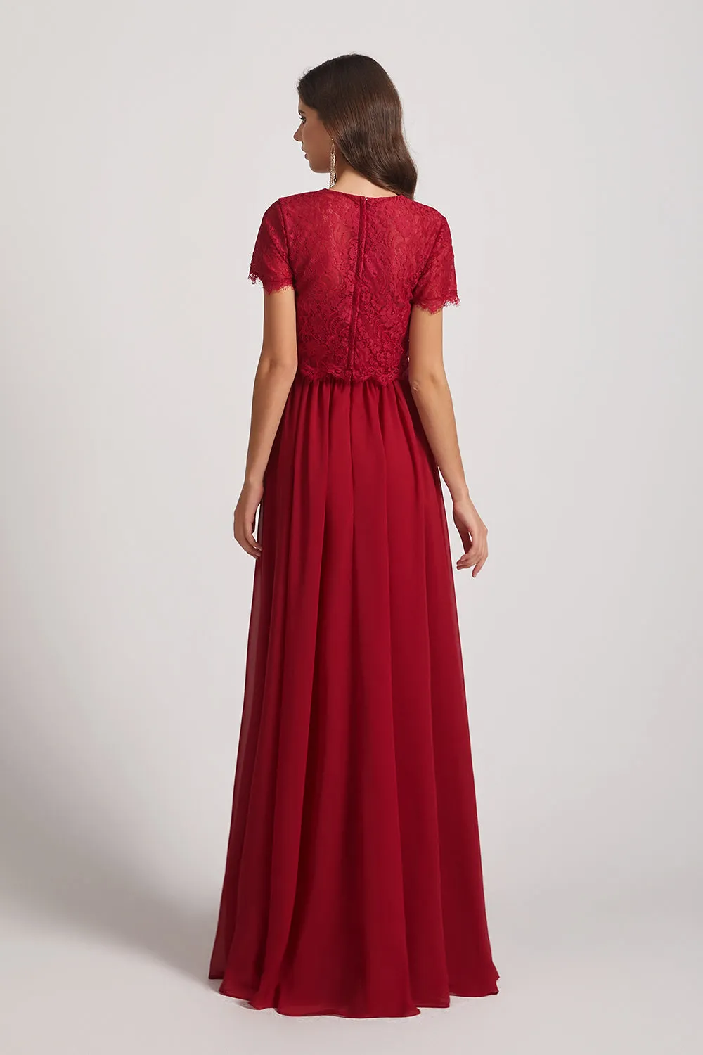 Jewel Lace Top Short Sleeve Long Chiffon Bridesmaid Dresses (AF0135)