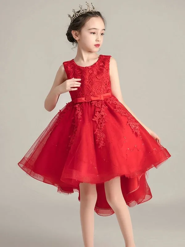 Jewel Neck Sleeveless Embroidered Kids Party Dresses Hi-Lo Princess Flower Girl Dress