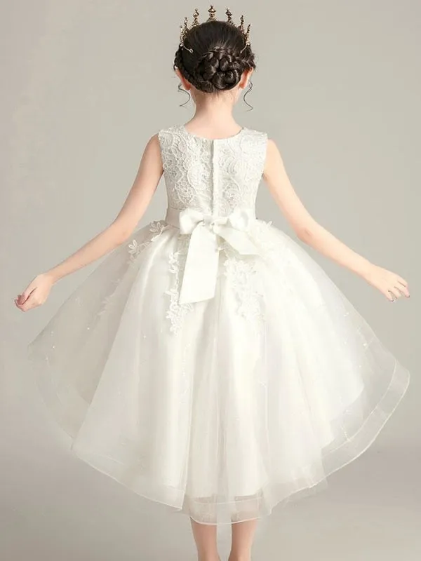 Jewel Neck Sleeveless Embroidered Kids Party Dresses Hi-Lo Princess Flower Girl Dress