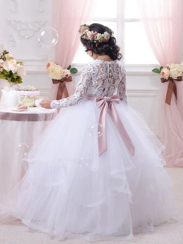 Jewel Neck Tulle White Flower Girl Dresses Long Sleeves Floor-Length Ball Gown