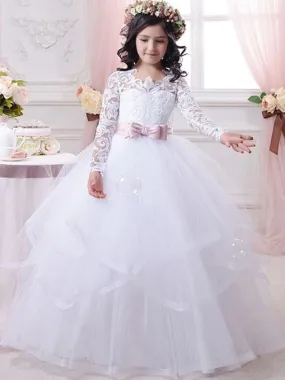 Jewel Neck Tulle White Flower Girl Dresses Long Sleeves Floor-Length Ball Gown