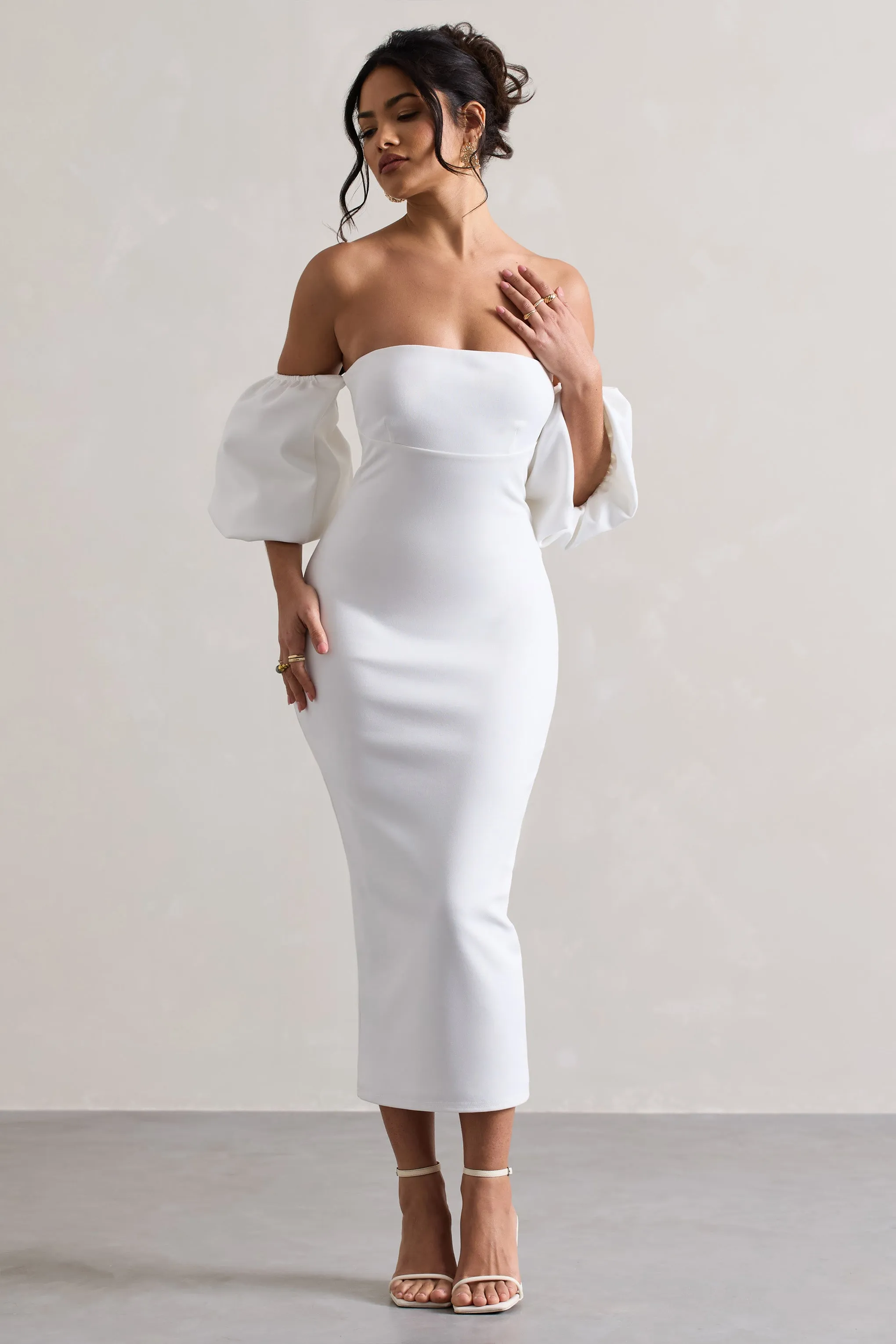 Keira | White Bardot Puff-Sleeve Midi Dress