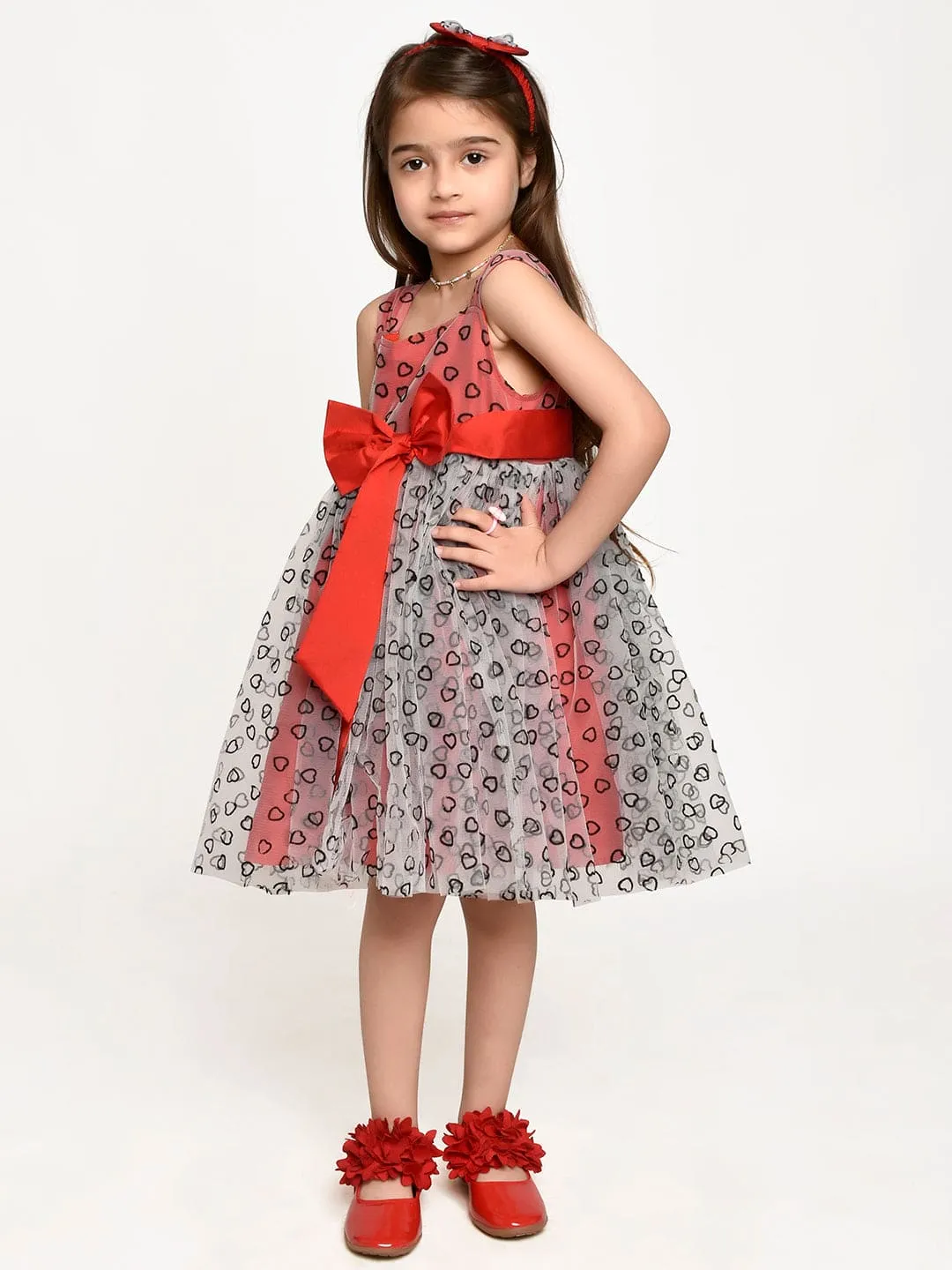 Light Grey Red Bow Dress with Hair Band