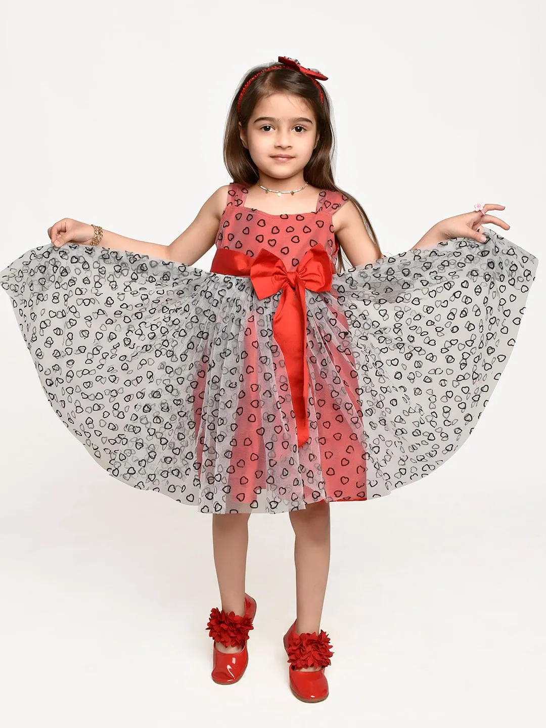 Light Grey Red Bow Dress with Hair Band