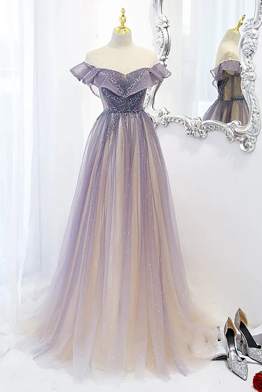 Light Purple Scoop Tulle A-Line Bling Bling Sparkle Short Sleeves Prom Dresses