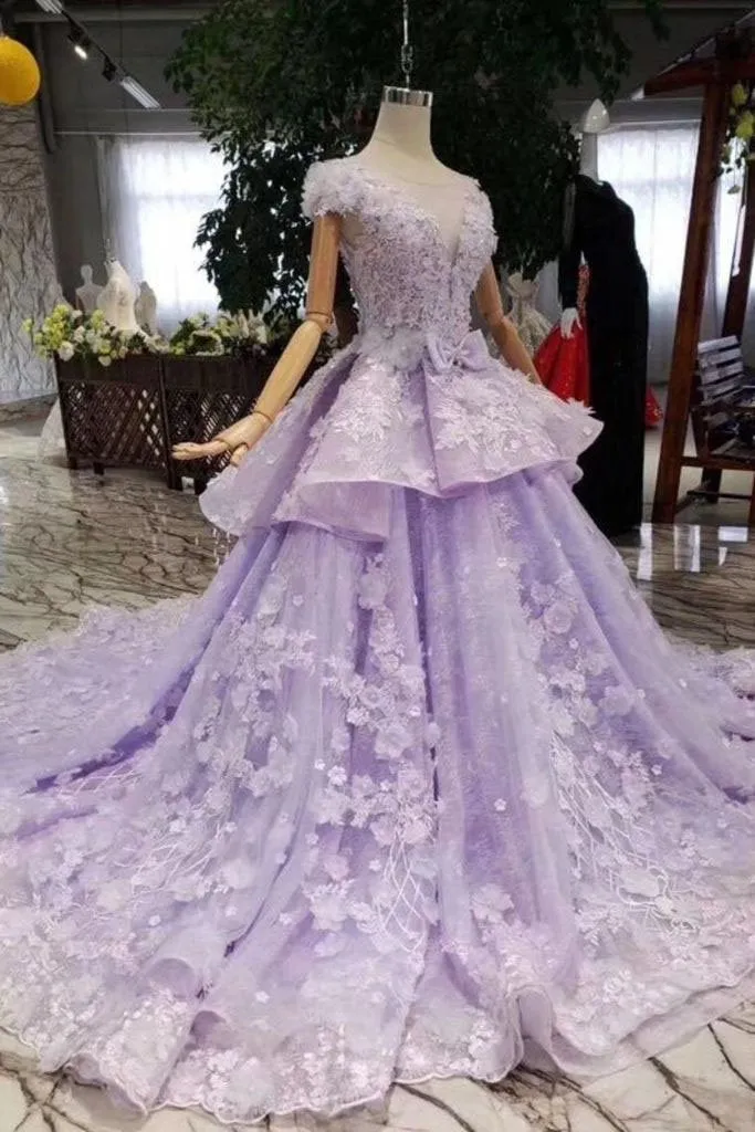 Lilac Ball Gown Short Sleeve Prom Dresses with Flowers Gorgeous Quinceanera Dress