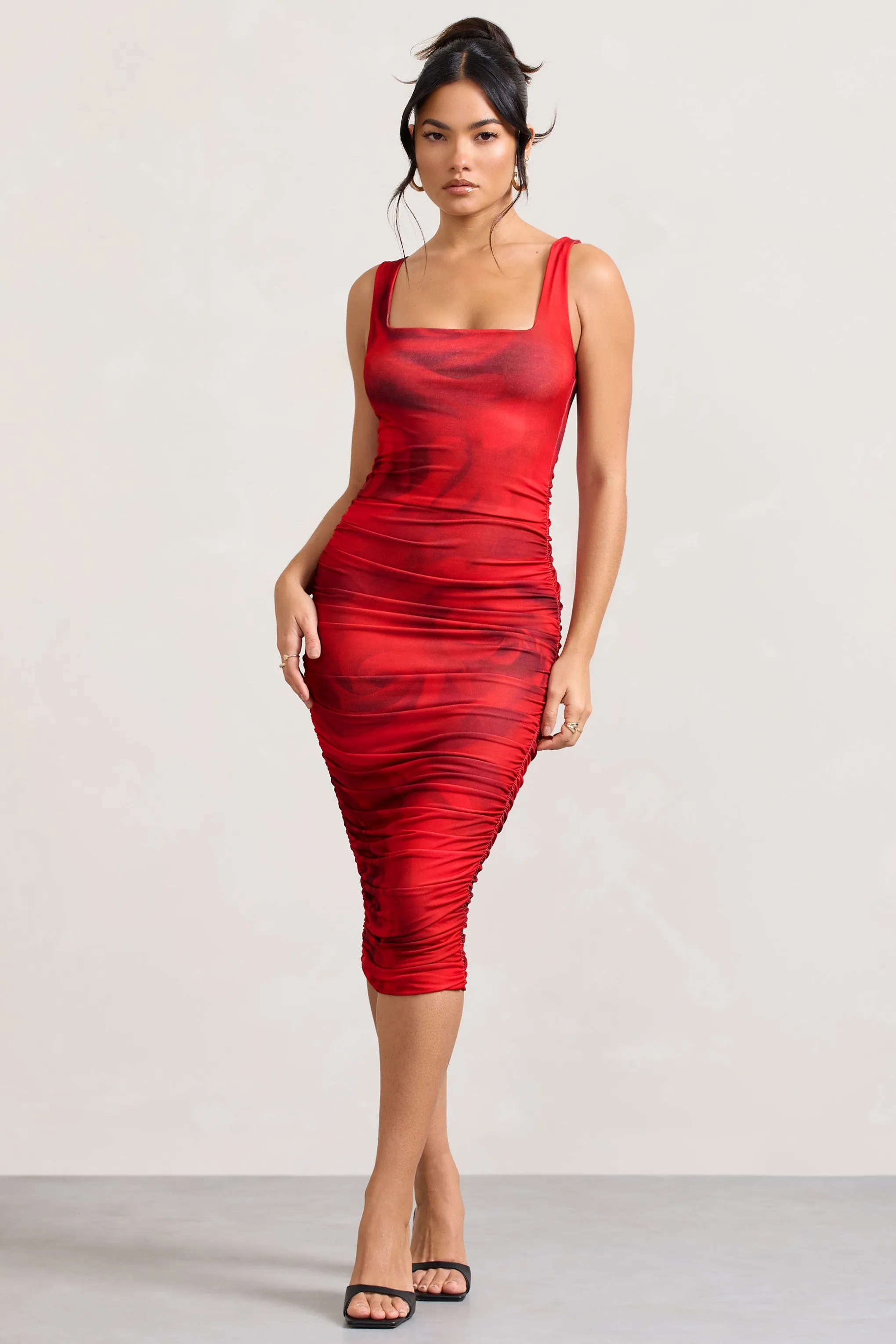 Lisbon | Red Rose Print Square Neck Ruched Midi Dress