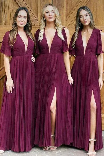 Long Deep V Neck Pleats Dark Red Chiffon Split Bridesmaid Dress Long Prom Dresses