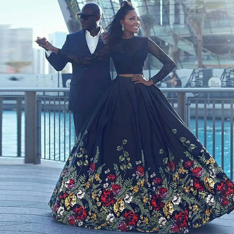 Long Sleeve Two Piece Black Floral Prom Dress with Beading Lace Evening Dresses