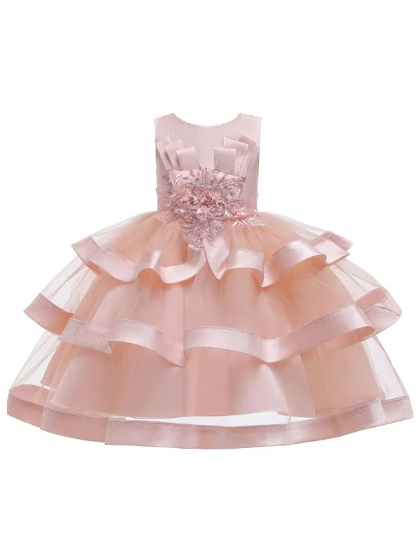 Lovely Pink Satin Beads Short Flower Girl Dresses A-line Princess Dress for Weddings