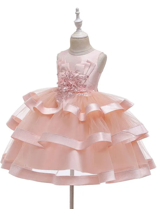 Lovely Pink Satin Beads Short Flower Girl Dresses A-line Princess Dress for Weddings