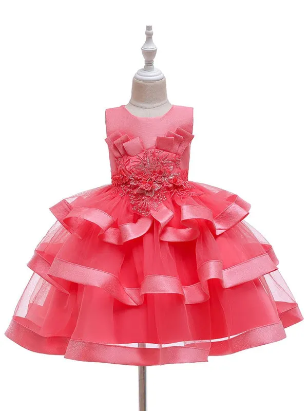 Lovely Pink Satin Beads Short Flower Girl Dresses A-line Princess Dress for Weddings