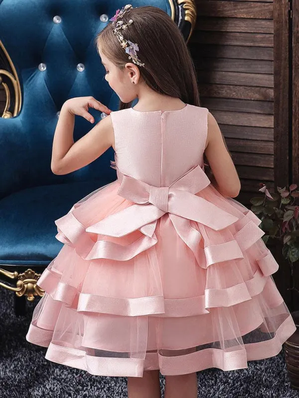 Lovely Pink Satin Beads Short Flower Girl Dresses A-line Princess Dress for Weddings