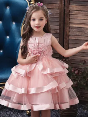 Lovely Pink Satin Beads Short Flower Girl Dresses A-line Princess Dress for Weddings