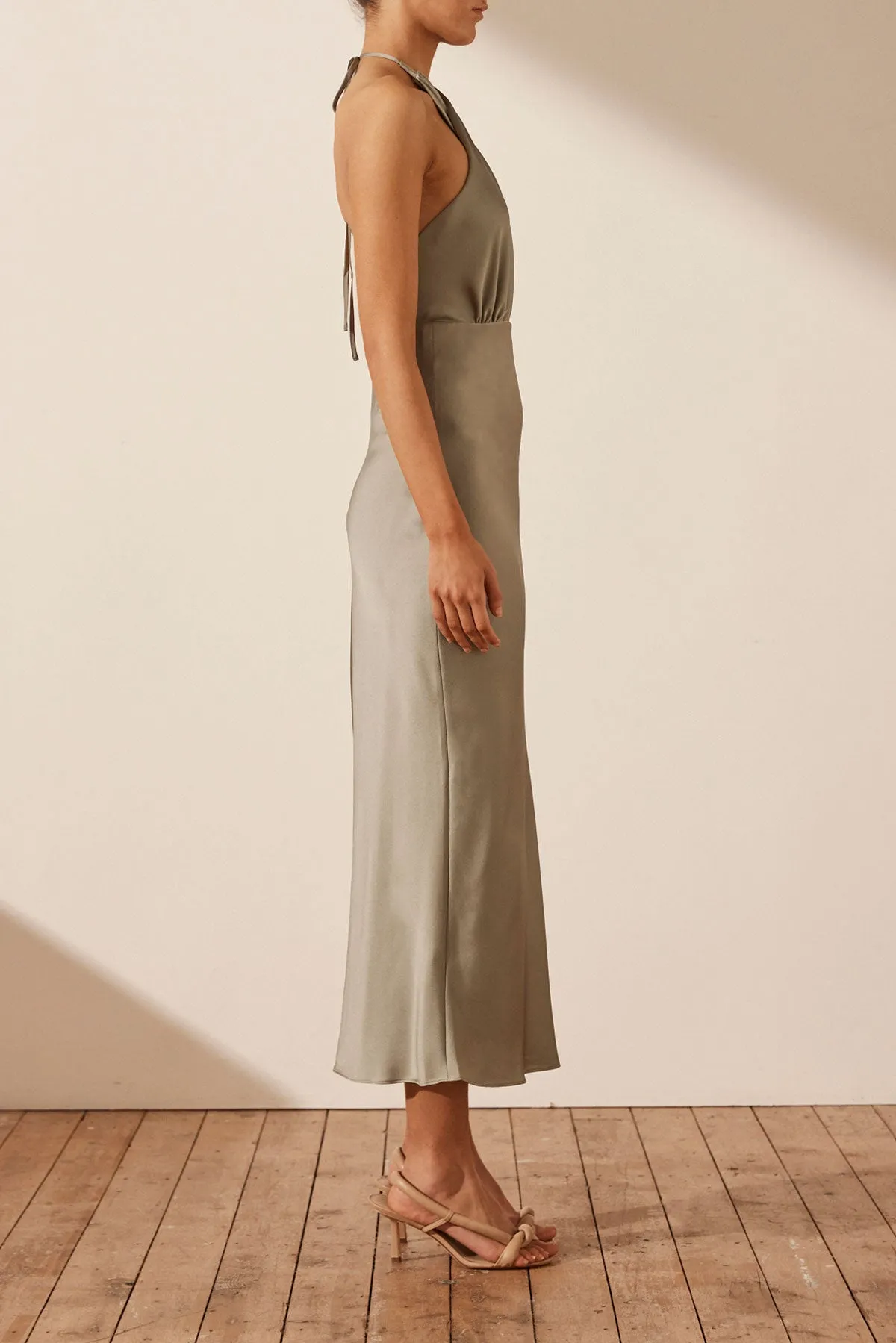 LUXE CROSS FRONT HALTER MIDI DRESS - EUCALYPTUS