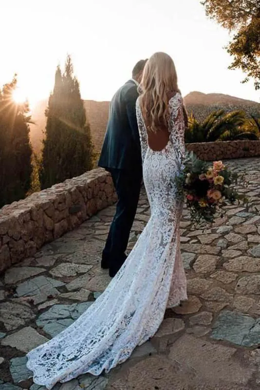 Mermaid Long Sleeve Lace Beach Wedding Dresses Backless V Neck Boho Wedding Gowns