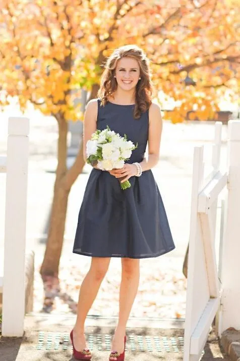 Mini A line Dark Navy Jewel Sleeveless Above Knee Satin Short Bridesmaid Dresses