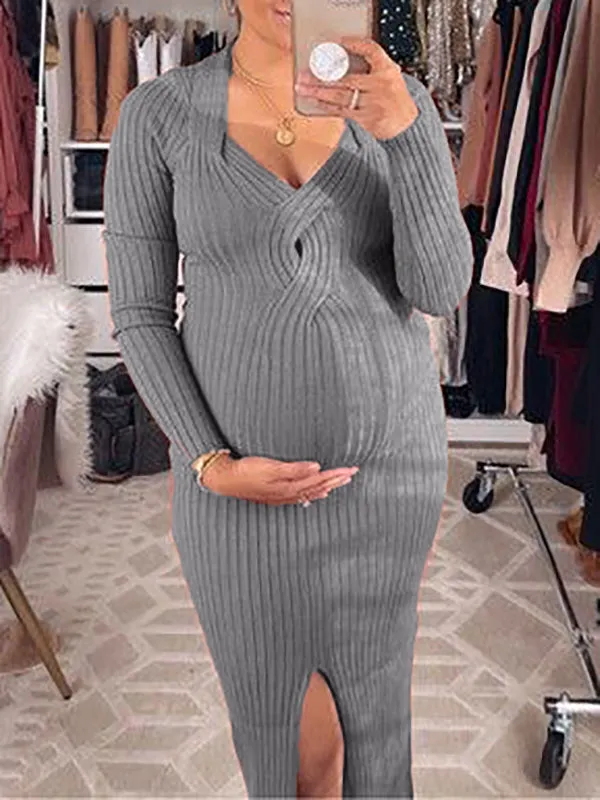 Momnfancy Grey Off Shoulder Knitting Slit Baby Shower Bodycon Maternity Sweater Dress