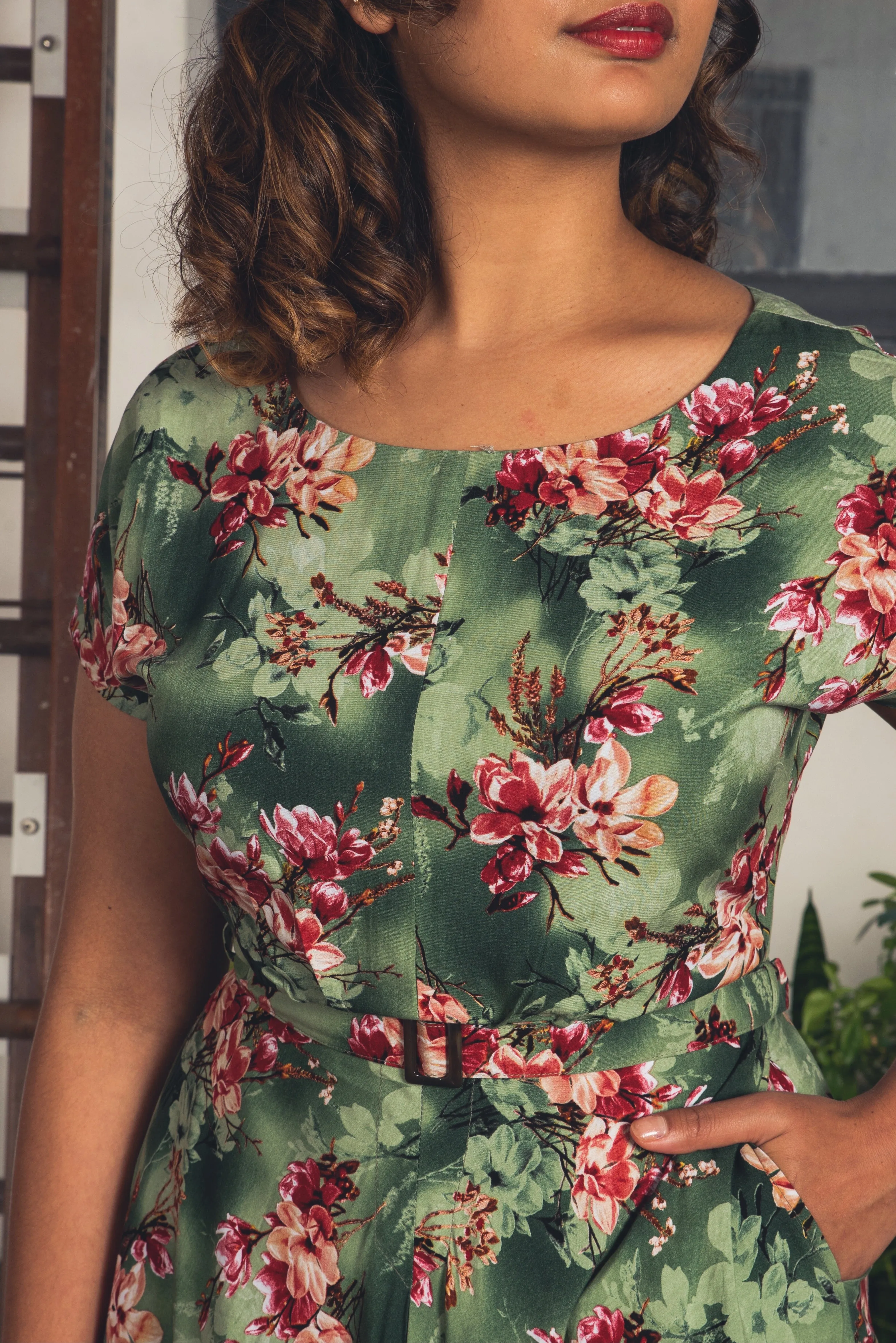 Myrtle Red & Green Frangipani Dress