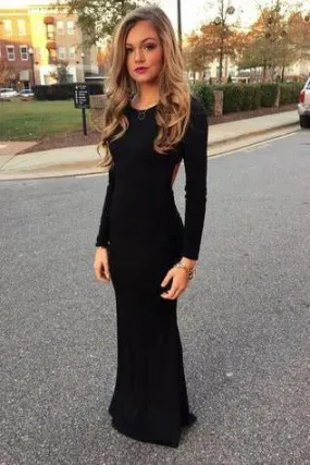 New Style Black Elegant Mermaid Simple Scoop Prom Dresses with Long Sleeves For Teens