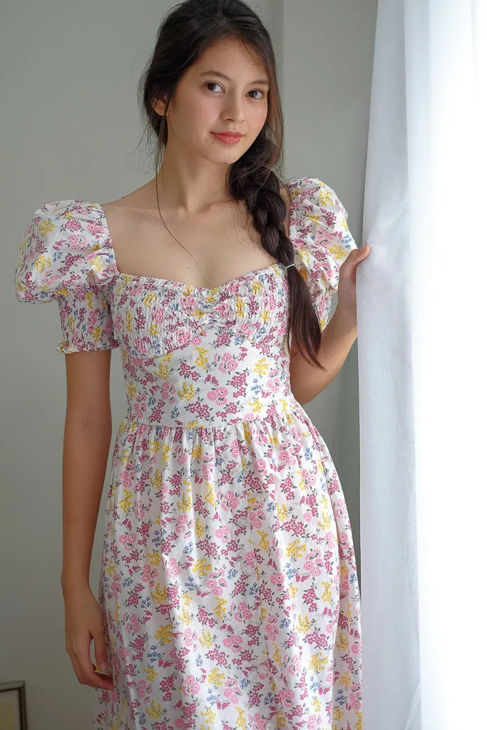 Olivia Midi Dress - white floral garden