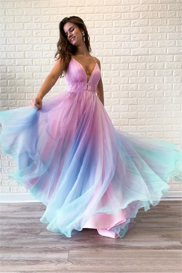 Ombre Spaghetti Straps Sleeveless A Line Prom Dresses