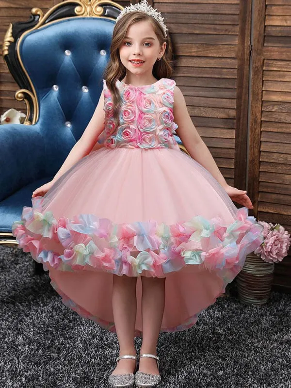 Pink 3D Floral Hi-Lo Flower Girl Dresses Sleeveless Sleeveless Tulle Formal Kids Dress